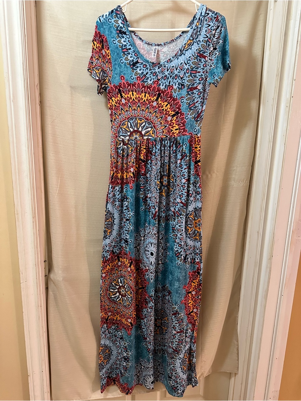 Mosaic Mandala Boho Maxi Dress Small Stretch Rayon Short Sleeve Festival